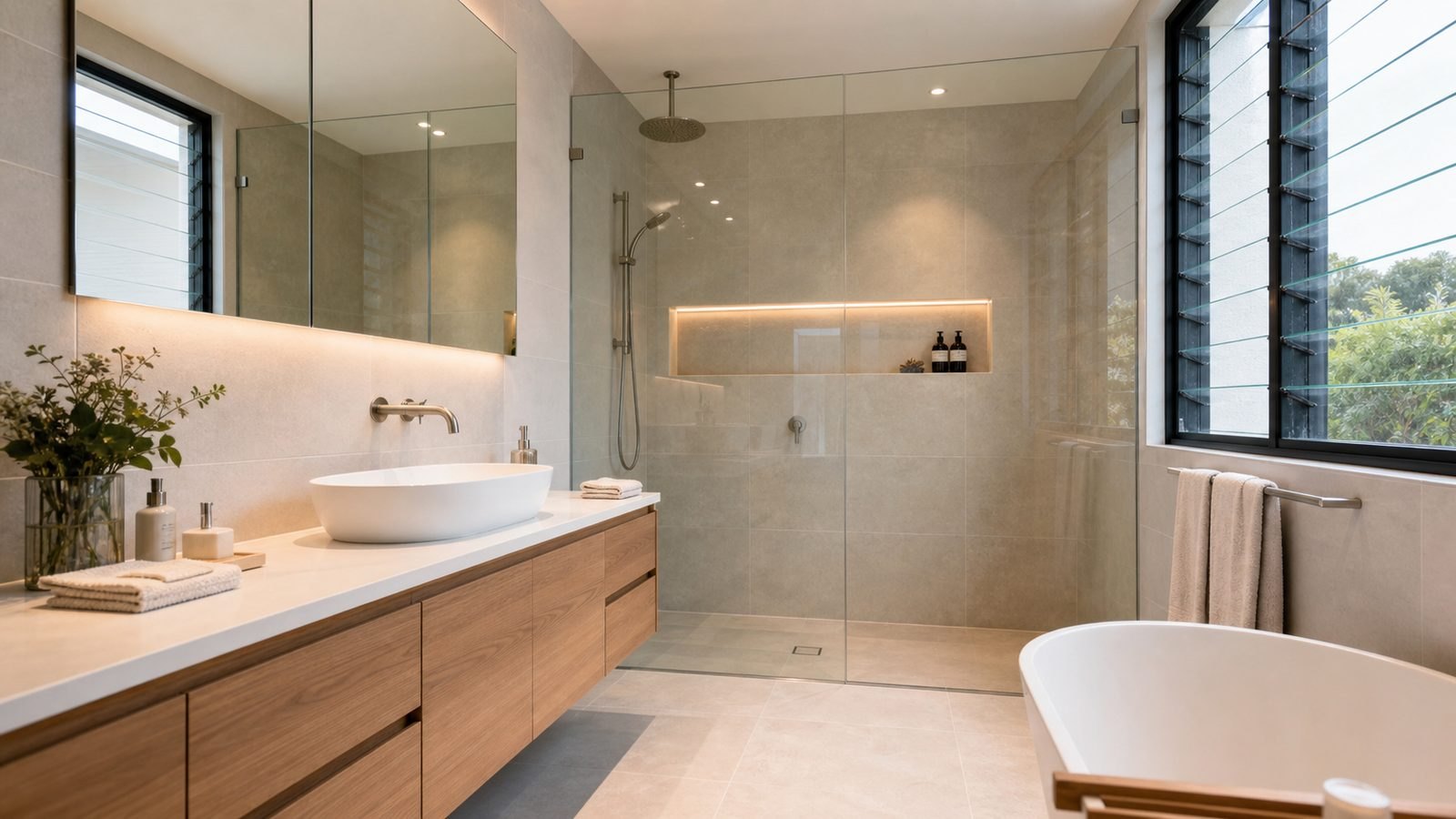 Illustrative bathroom with tiled walls and floor, a glass shower screen, vanity and freestanding bath